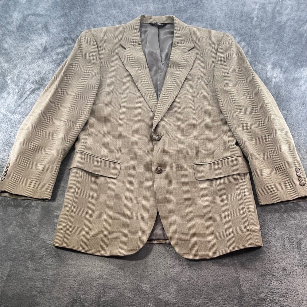 Jos. A. Bank Mens 42L Blazer Wool Silk Brown Glen Plaid Sport Coat 2 Button